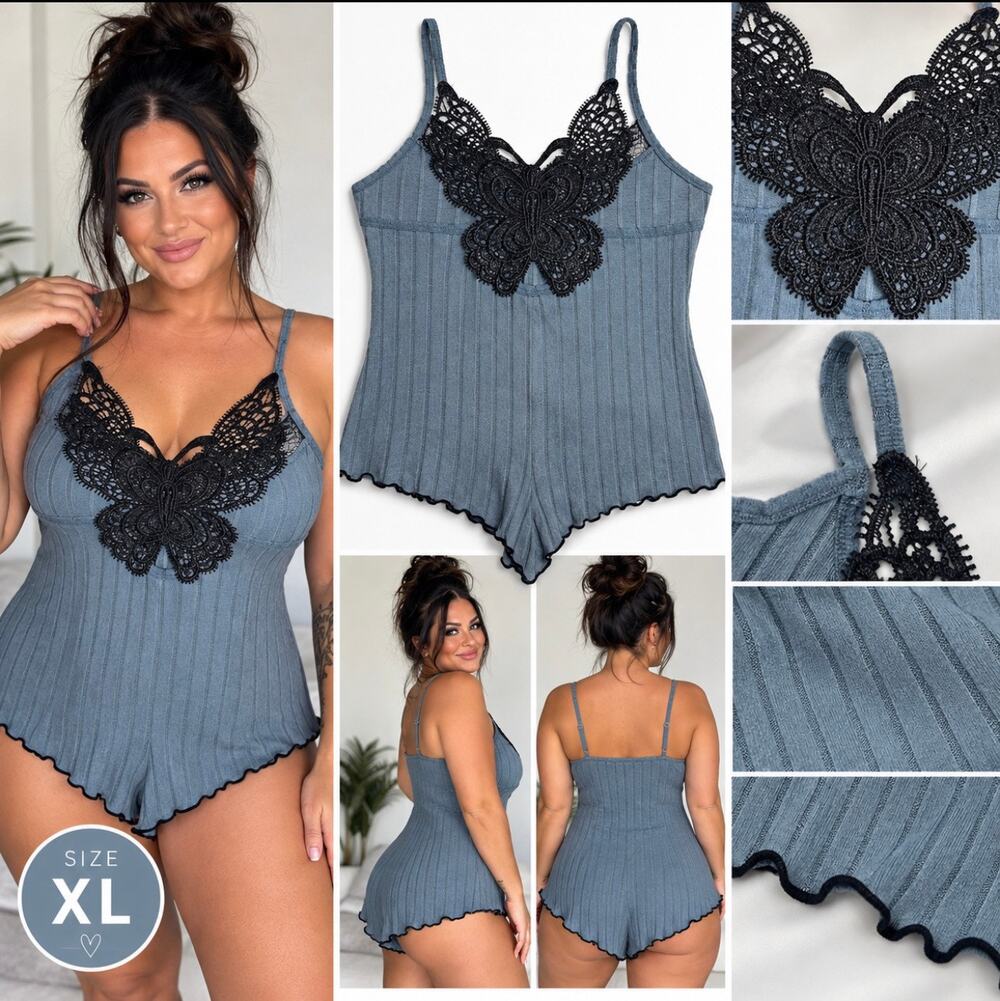 Women’s XL Gray Ribbed Teddy Romper Black Lace Butterfly Lingerie NWOT